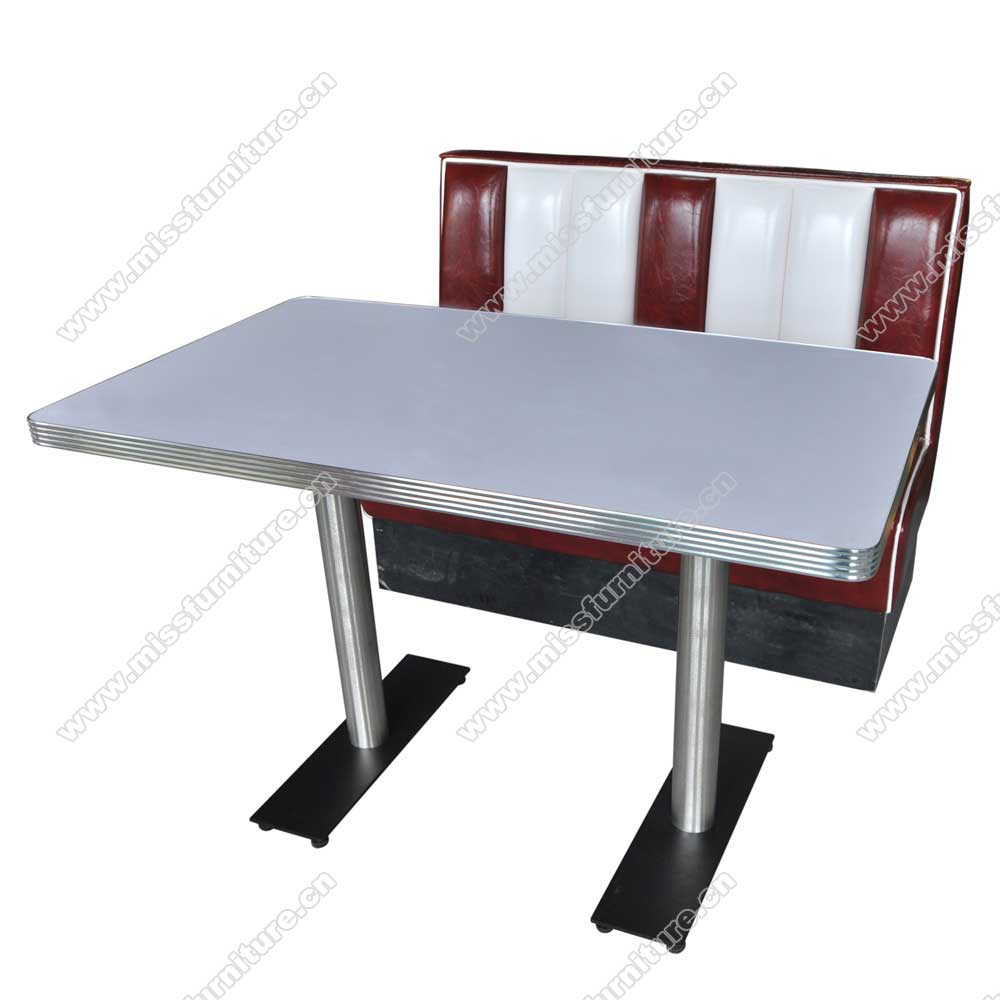 Classic American 1950s retro diner rubby and white color stripe booth seating and table set furniture,American 1950s retro diner booth seating and table set M-81011