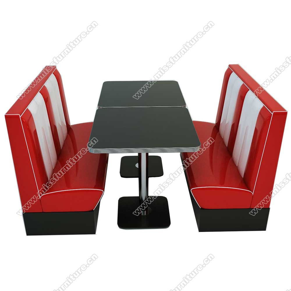 Hotsale double seating American retro diner red stripe booth seating and black table set furniture,American 1950s retro diner booth seating and table set M-81021