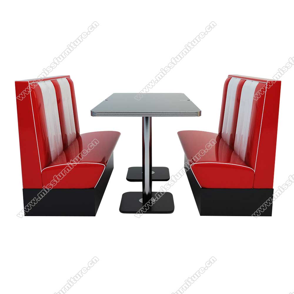 Hotsale double seating American retro diner red stripe booth seating and black table set furniture,American 1950s retro diner booth seating and table set M-81022