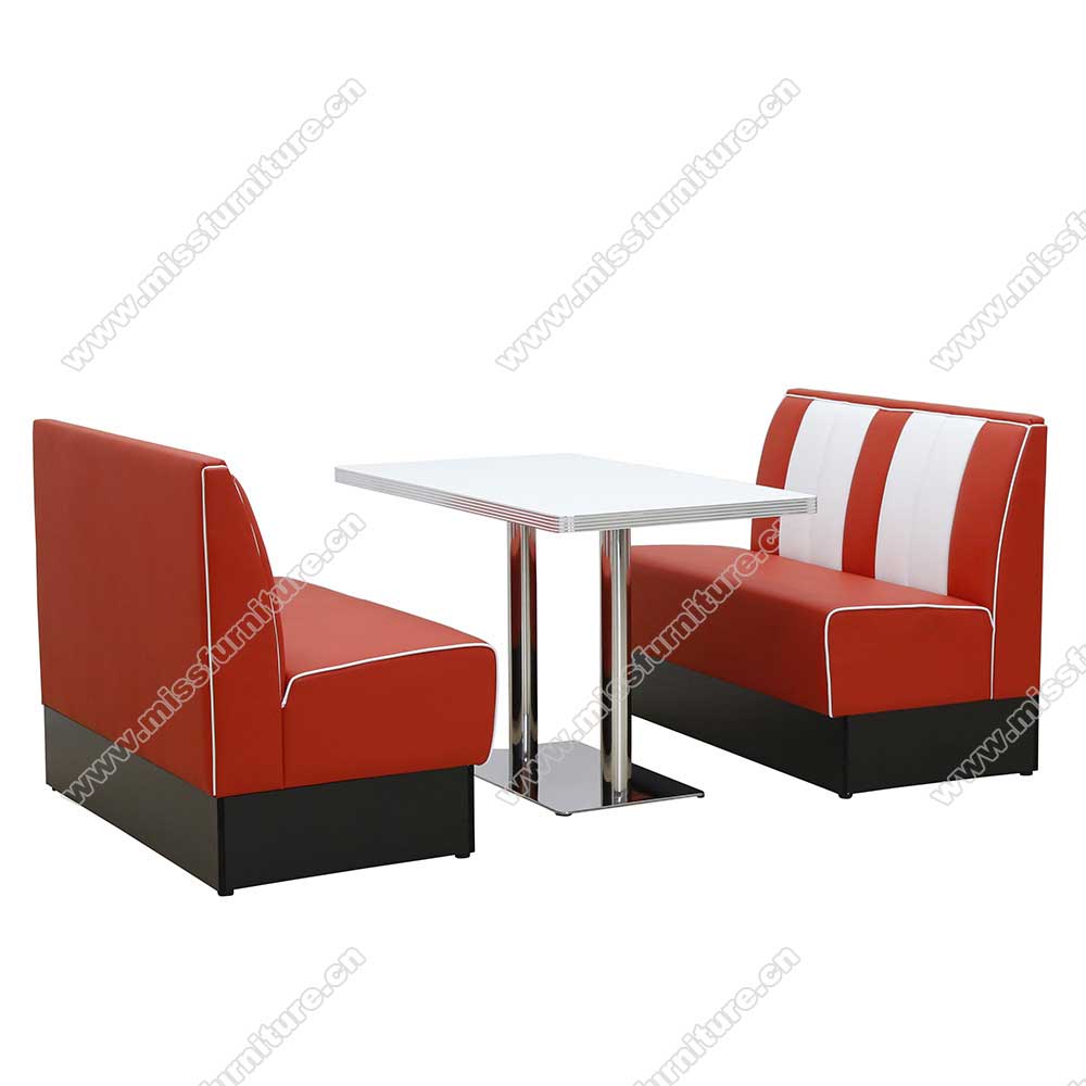 Durable red and white stripe American retro diner booth seating and white table furniture set,American 1950s retro diner booth seating and table set M-81031