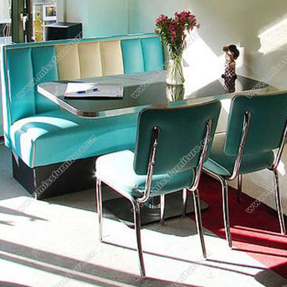 High quality turquoise stripe retro American diner booth seating Bel Air booth seating and table Chrome diner chairs set furniture,American 1950s retro diner booth seating and table set M-8107