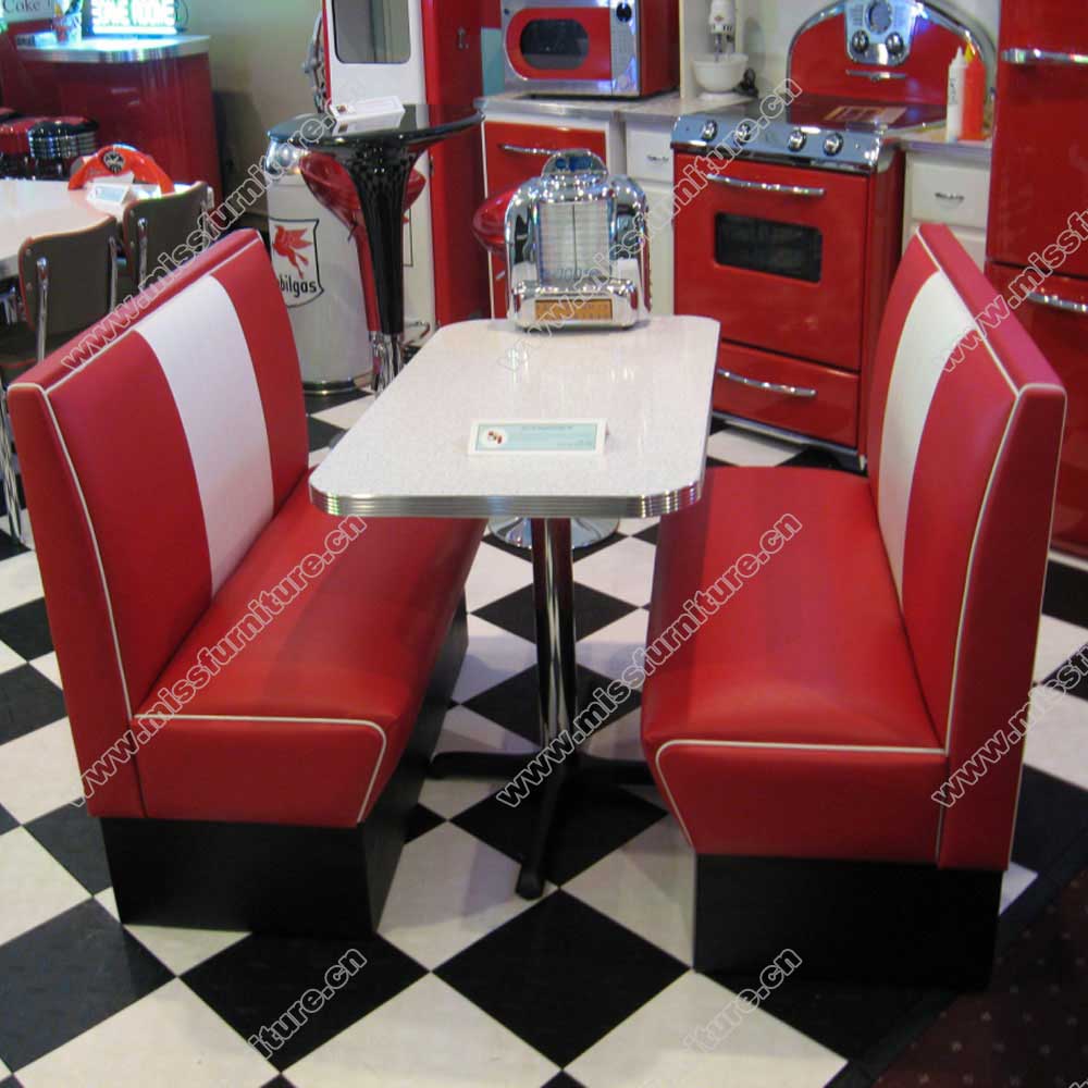 High quality red and white 1950s style retro american diner Bel Air booth seating and white table set,American 1950s retro diner booth seating and table set M-8108