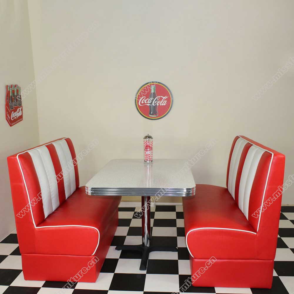 American restaurant furniture fifties retro style red diner booth seating and rero table set furniture for sale, American 1950s retro diner booth seating and table set M-8111