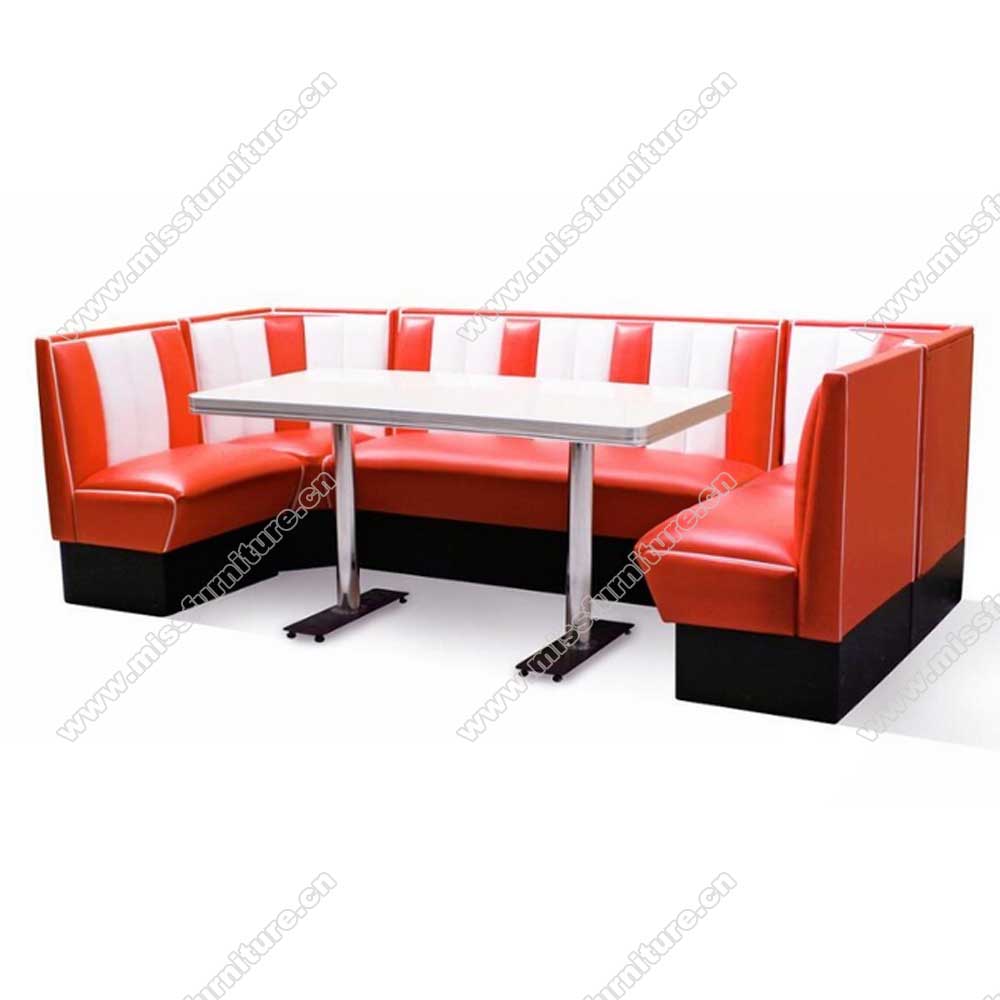 Customize red and white leather stripe U shape american diner booth couch and formica diner table furniture set, American 1950s retro diner booth seating and table set M-8121