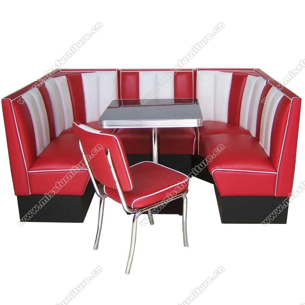 Customize rubby leather 4 set corner 50s retro diner booth seating sofas and black dinette table set furniture, American 1950s retro diner booth seating and table set M-8124