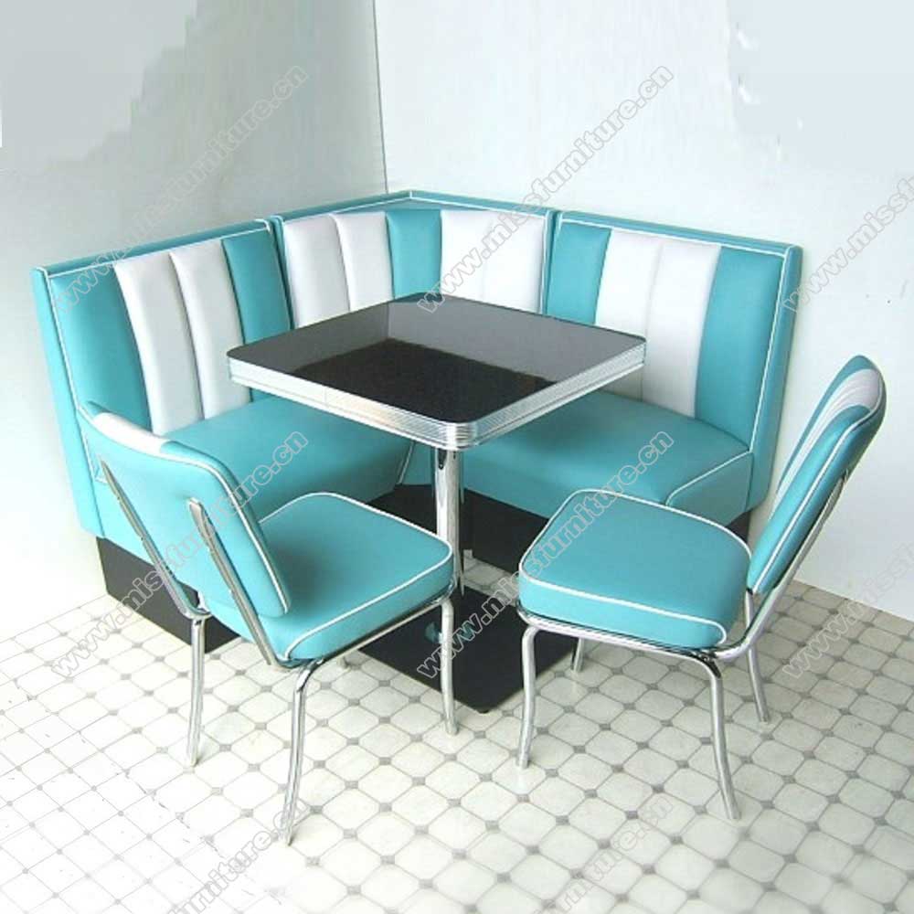 Wholesale turquoise 4 set L shape midcentury american diner booth seating and black kitchen table furniture set, American 1950s retro diner booth seating and table set M-8125