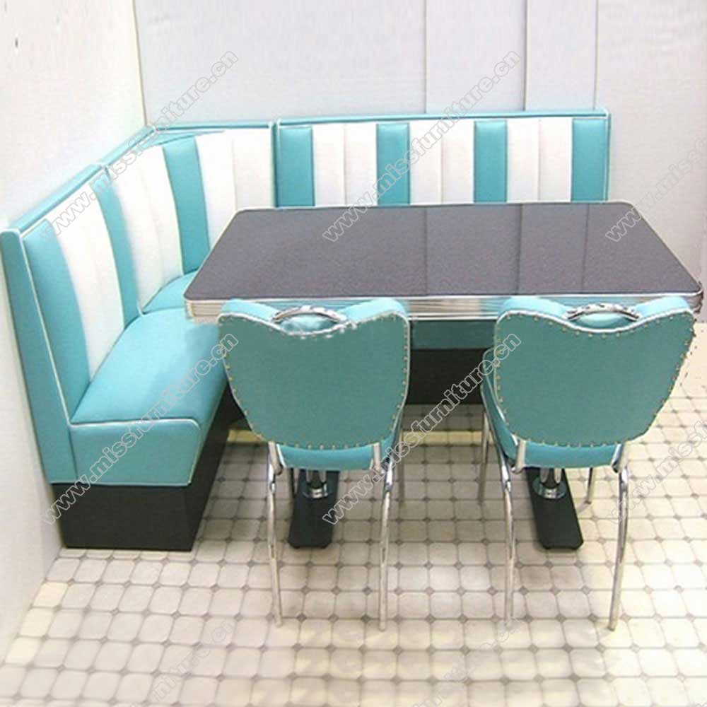 Durable restaurant turquoise and white L shape fifties retro diner Bel Air booth sofas and diner table set furniture, American 1950s retro diner booth seating and table set M-8126