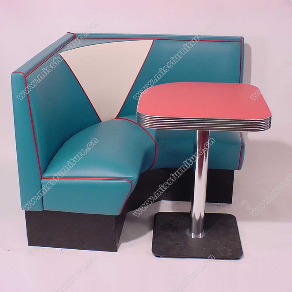 Customize restaurant turquoise corner 1960s american retro diner booth seating and red diner table set furniture, American 1950s retro diner booth seating and table set M-8127