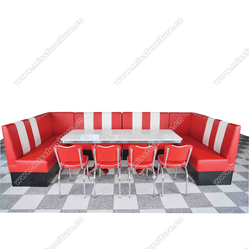 Beautiful cafeteria red stripe PU leather U shape combination 50s retro diner booth couch and diner table furniture set, American 1950s retro diner booth seating and table set M-8128