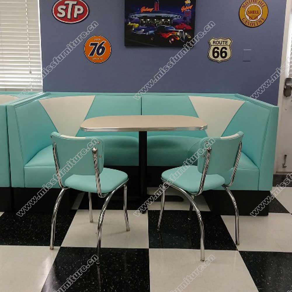 High quality turquoise U shape V back 1960s american diner booth seating furniture set with diner table, chrome diner chair set, American 1950s retro diner booth seating and table set M-8129