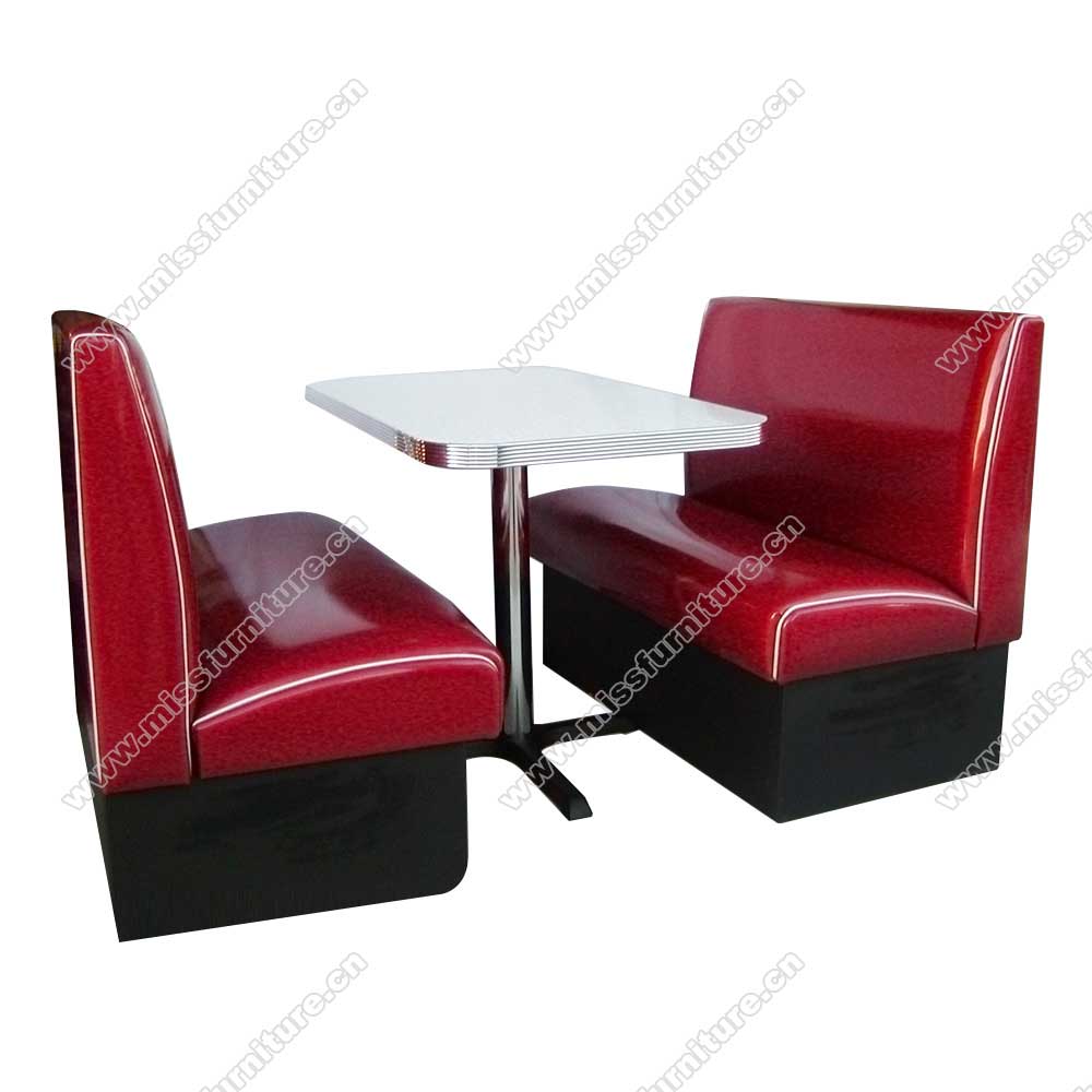 Durable high gloss red PU leather 2 seats single side american Bel Air diner booth couch with retro diner table set furniture, American 1950s retro diner booth seating and table set M-8136