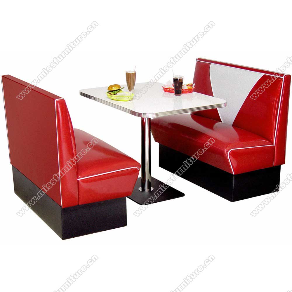 Classic high gloss red V back with piping dining room 1950s style diner booths couch and retro diner table set furniture, American 1950s retro diner booth seating and table set M-8141