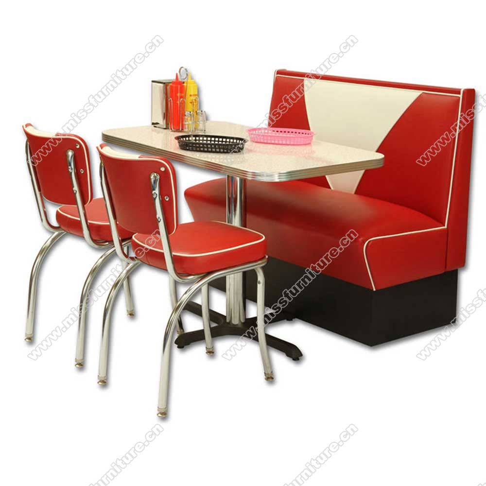 High quality red and white V back leather midcentury american 1950s diner booth sofas with chrome diner chairs table set furniture, American 1950s retro diner booth seating and table set M-8142