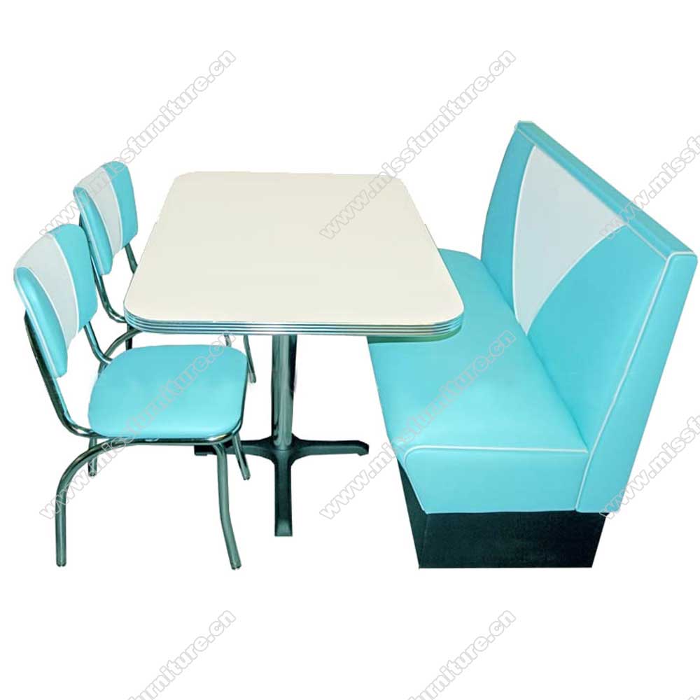 Whoelsale blue PU leather V back with piping 1950's retro diner booth seating with diner table, chrome diner chair set, American 1950s retro diner booth seating and table set M-8143