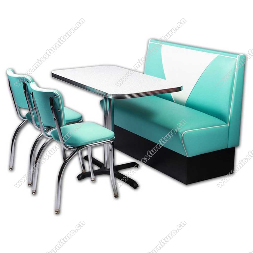 Whoelsale blue PU leather V back with piping 1950's retro diner booth seating with diner table, chrome diner chair set, American 1950s retro diner booth seating and table set M-8143