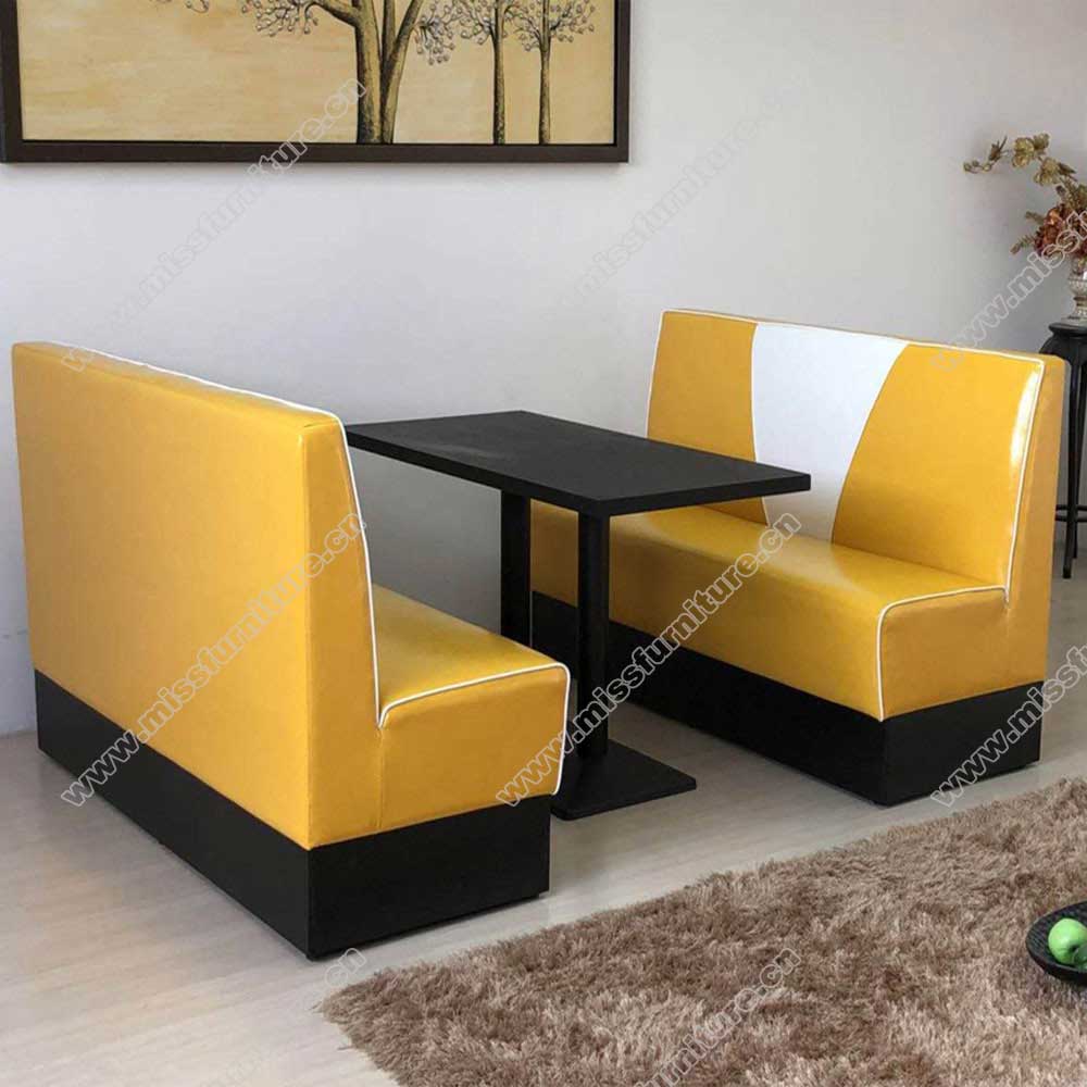 Beautiful high gloss yellow and white vinyl V back 50's retro american diner booth sofas furniture with diner table set, American 1950s retro diner booth seating and table set M-8144