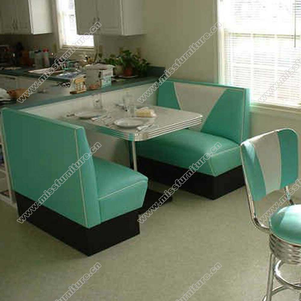 Customize V back with piping turquoise vinyl restaurant 1960s retro diner Bel Air booth couch with retro diner table furniture set, American 1950s retro diner booth seating and table set M-8145