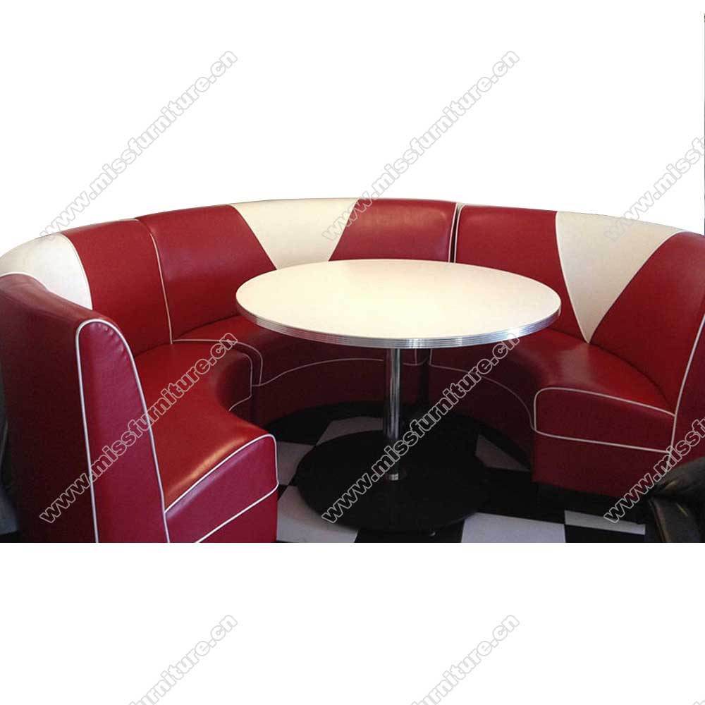 High quality red V back dinette 3/4 circle retro diner booths couch with steel and formican 1950s diner table furniture set, American 1950s retro diner booth seating and table set M-8146