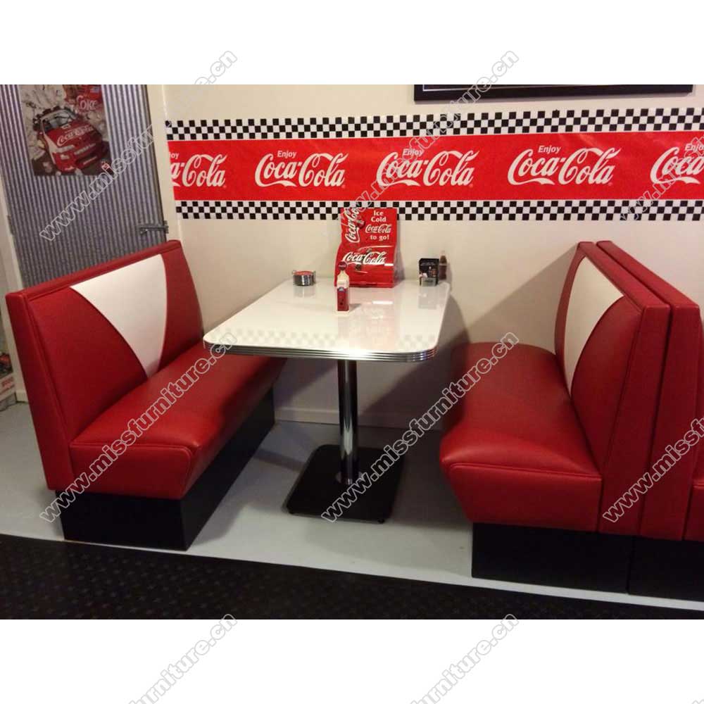 Durable rubby color V back leaather 2 seats long 60s dining room american diner booth sofas with formica retro table set furniture, American 1950s retro diner booth seating and table set M-8147