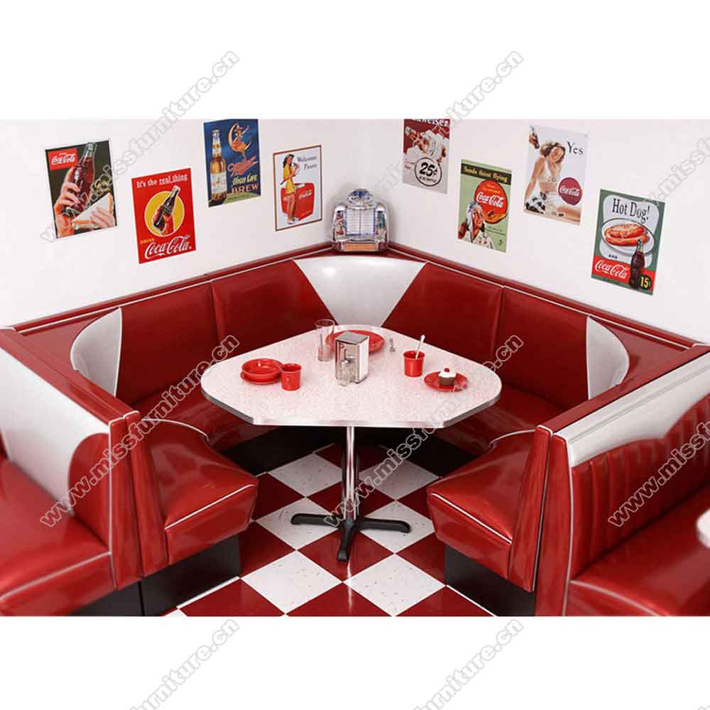 wholesale PVC leather V-back with piping 3/4 U shape restaurant 1950s diner booth seating with table set furniture, American 1950s retro diner booth seating and table set M-8148