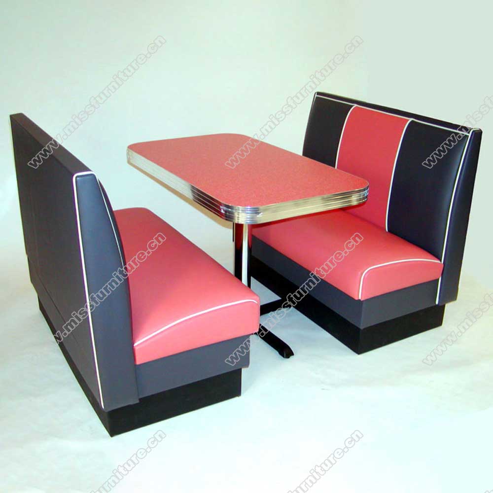 Classic black and red color stripe leather dinette 1960's american diner booth seating with red formican diner table set furniture, American 1950s retro diner booth seating and table set M-8165