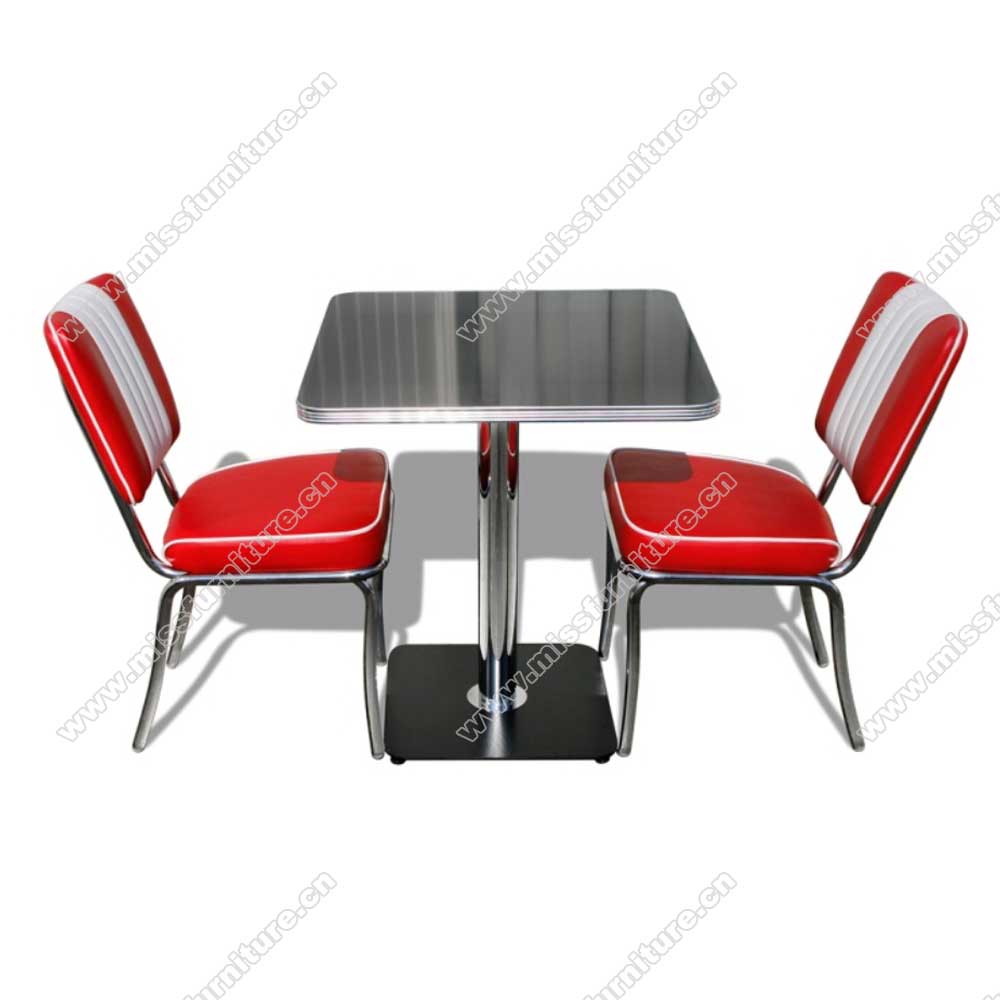 High quality red stripe with piping leather dining room chrome 50s retro diner chairs with black diner table set furniture, American 1950s retro diner chairs and table set M-8182