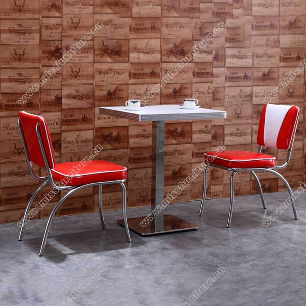 Durable high gloss red leather V back with piping restaurant 50s american diner chairs with square table set furniture, American 1950s retro diner chairs and table set M-8185