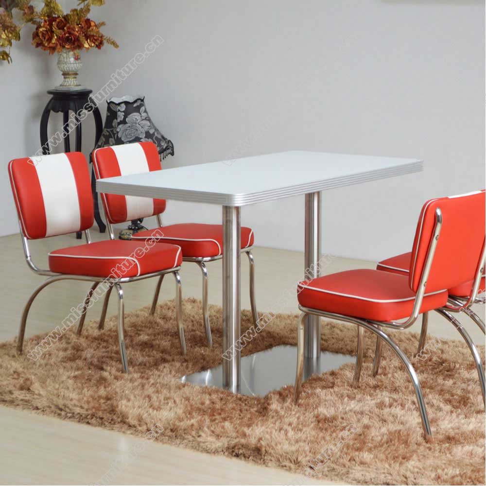 Classic 4 set red smooth with piping dinette chrome midcentury 1950's retro chairs with formica white diner table set furniture, American 1950s retro diner chairs and table set M-8191