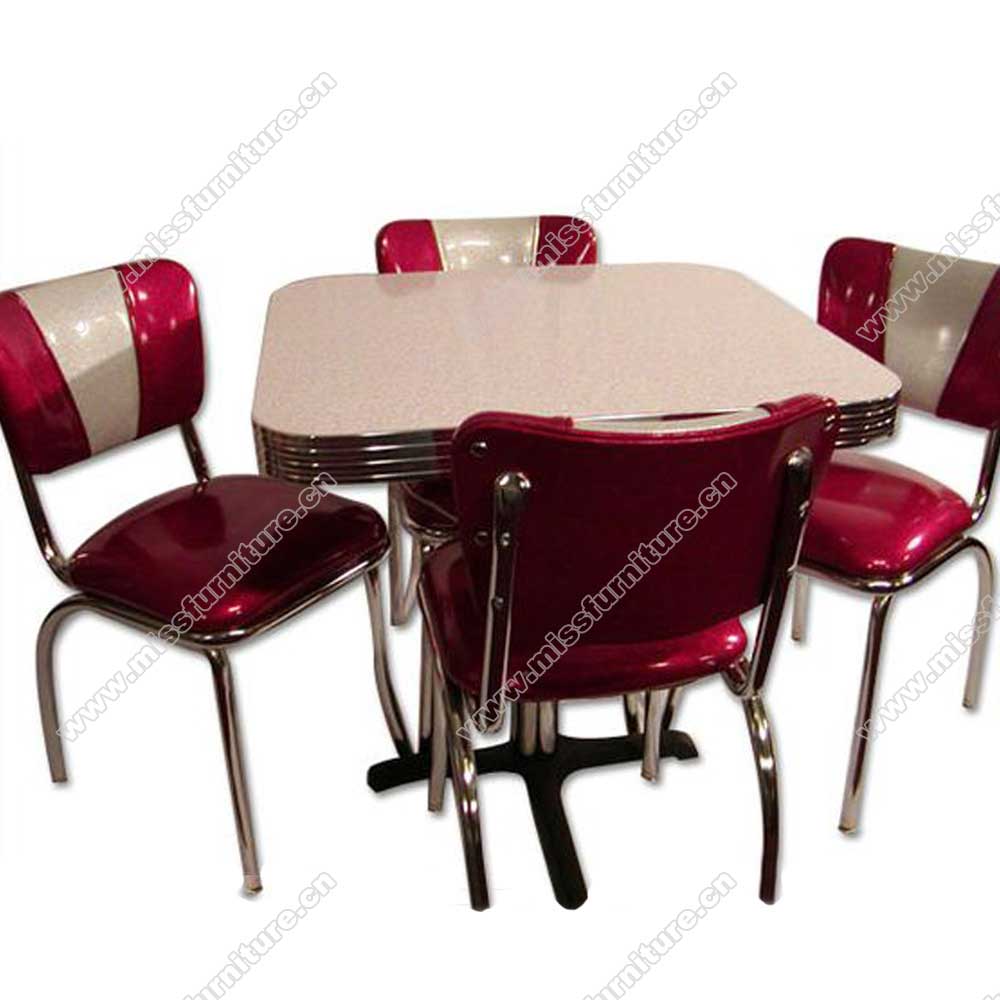 4 seats square formica diner table with V back gloss rubby vinyl 50's american chrome diner chairs set furniture, American 1950s retro diner chairs and table set M-8196