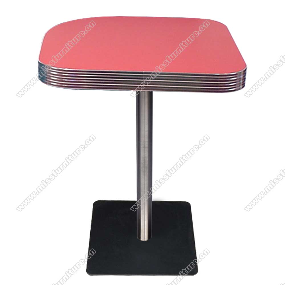 Customize arc-shape light red color formica veneer with glossy edge and black color iron square table legs 1950s retro coffee room table,American 1950s style retro diner table furniture M-8208