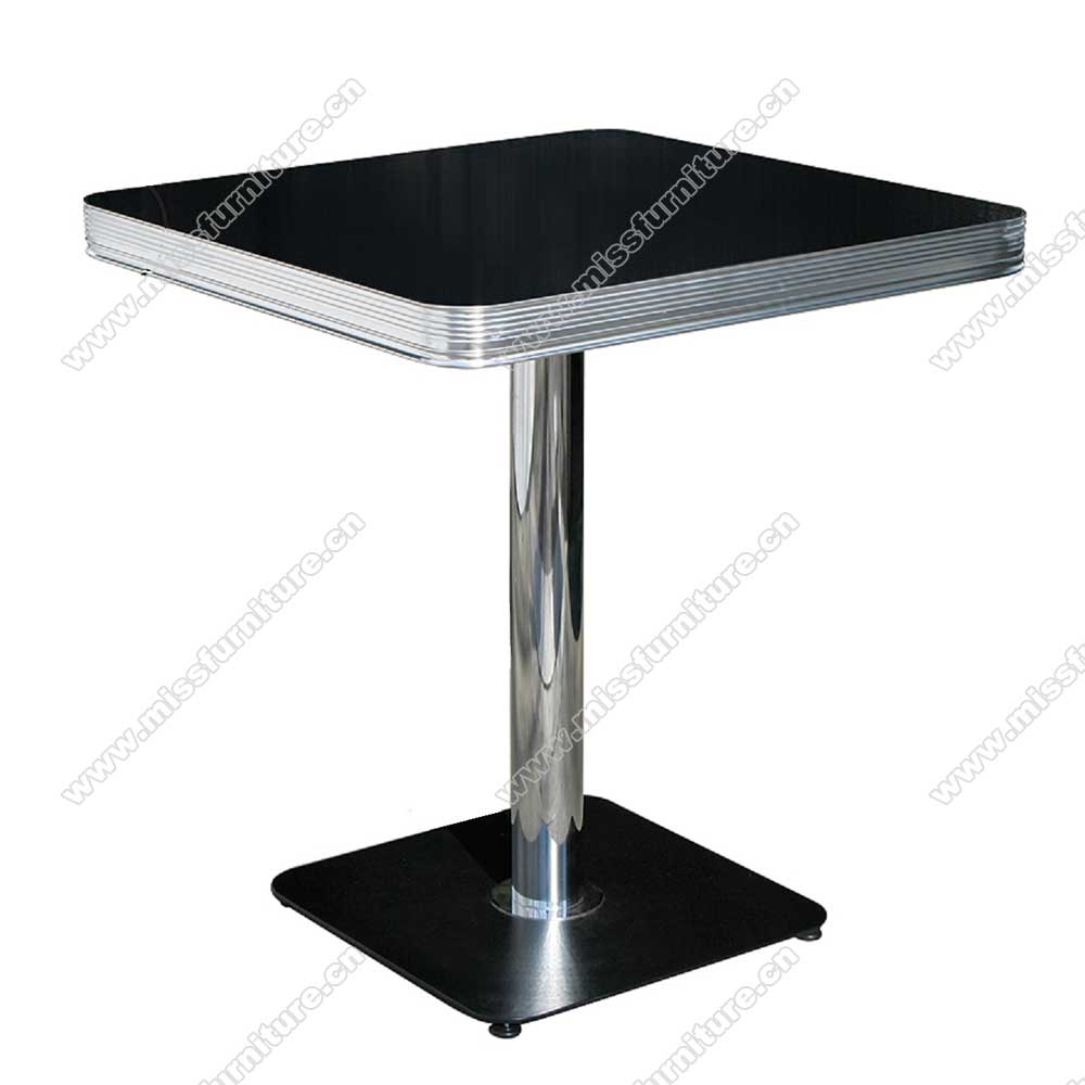 Hot sale 4cm thickness Formica veneer black color table top with glossy table edge and square black color iron table legs 50s cafeteria table,American 1950s style retro diner table furniture M-8210