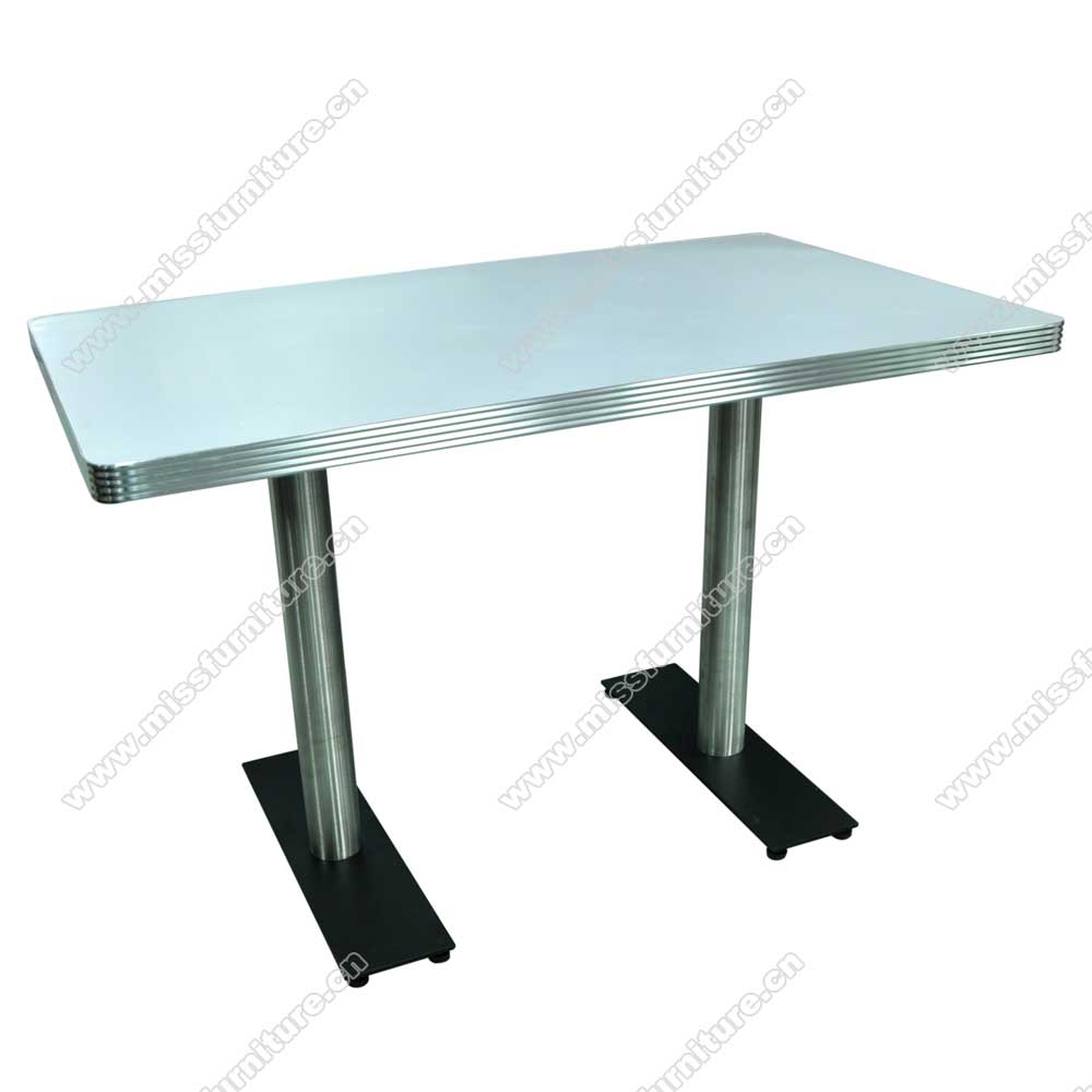 Customize light turquoise color formica laminate table top with aluminium edge and stripe black iron table legs fifties american diner table,American 1950s style retro diner table furniture M-8214