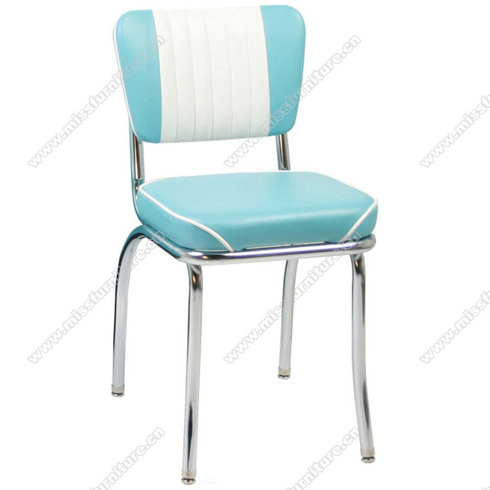 Glossy turquoise and white color leather 6 channels back with steel frame 1950s diner chair, glossy turquoise retro 1950s diner chair,American 1950s style retro diner chair furniture M-8310