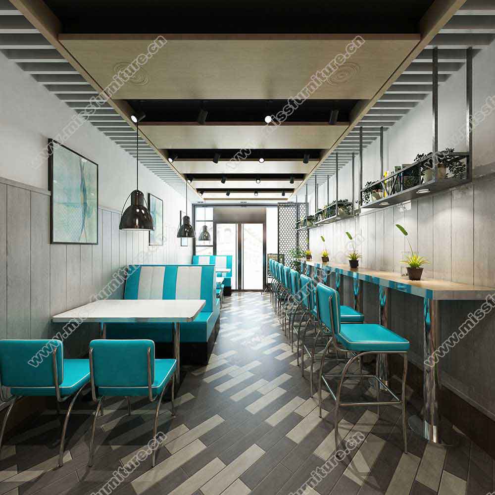 Turquoise leather midcentury retro restaurant booth sofas and table chairs set, retro diner high bar chairs and bar counter set gallery