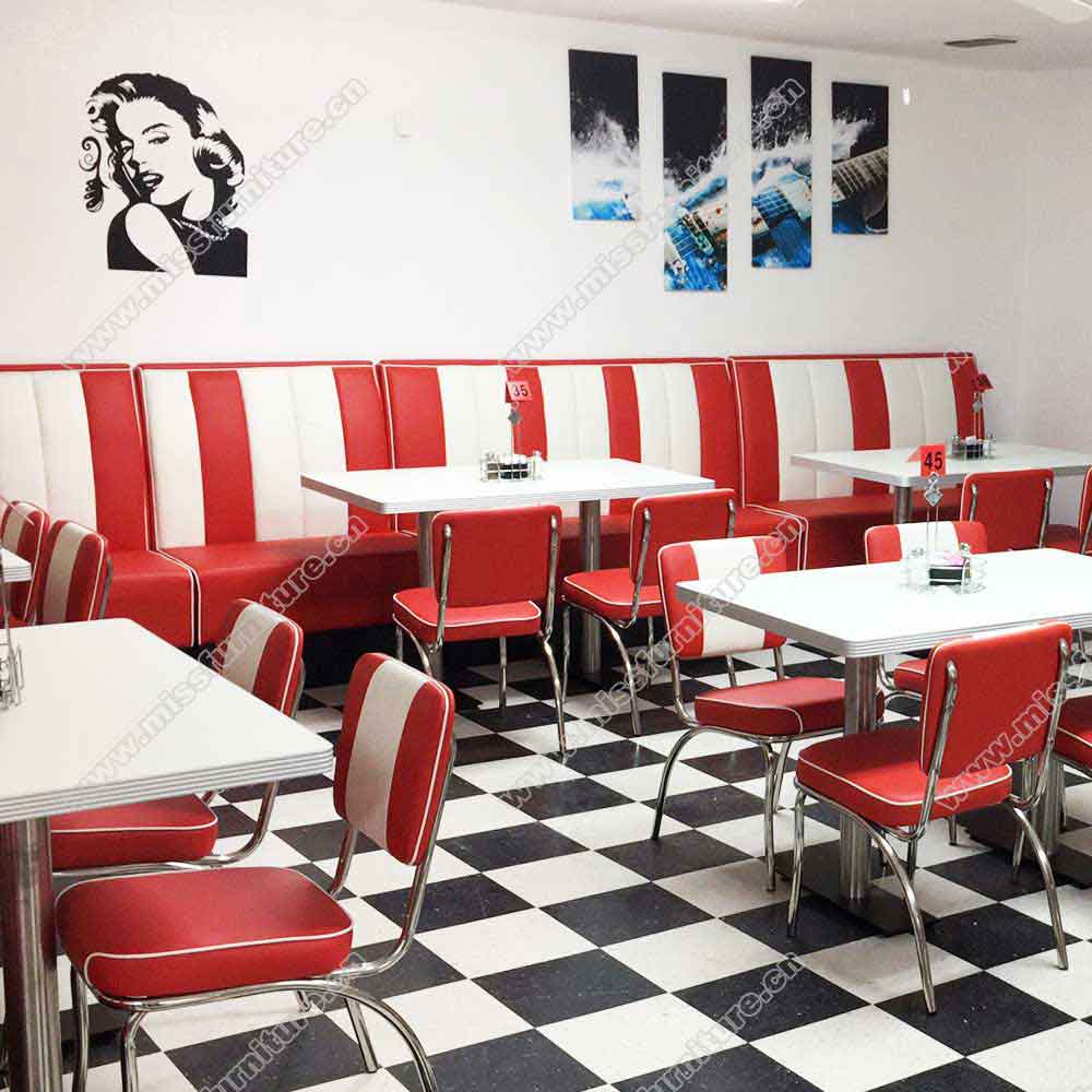 Classic red and white american retro diner booth sofas and table set, retro diner chairs and table set furniture gallery