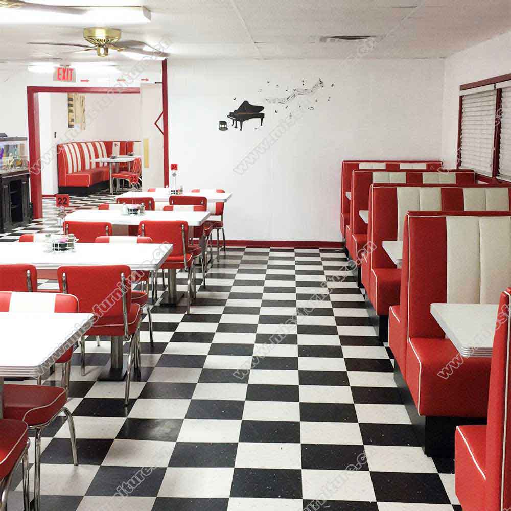 Classic red and white american retro diner booth sofas and table set, retro diner chairs and table set furniture gallery