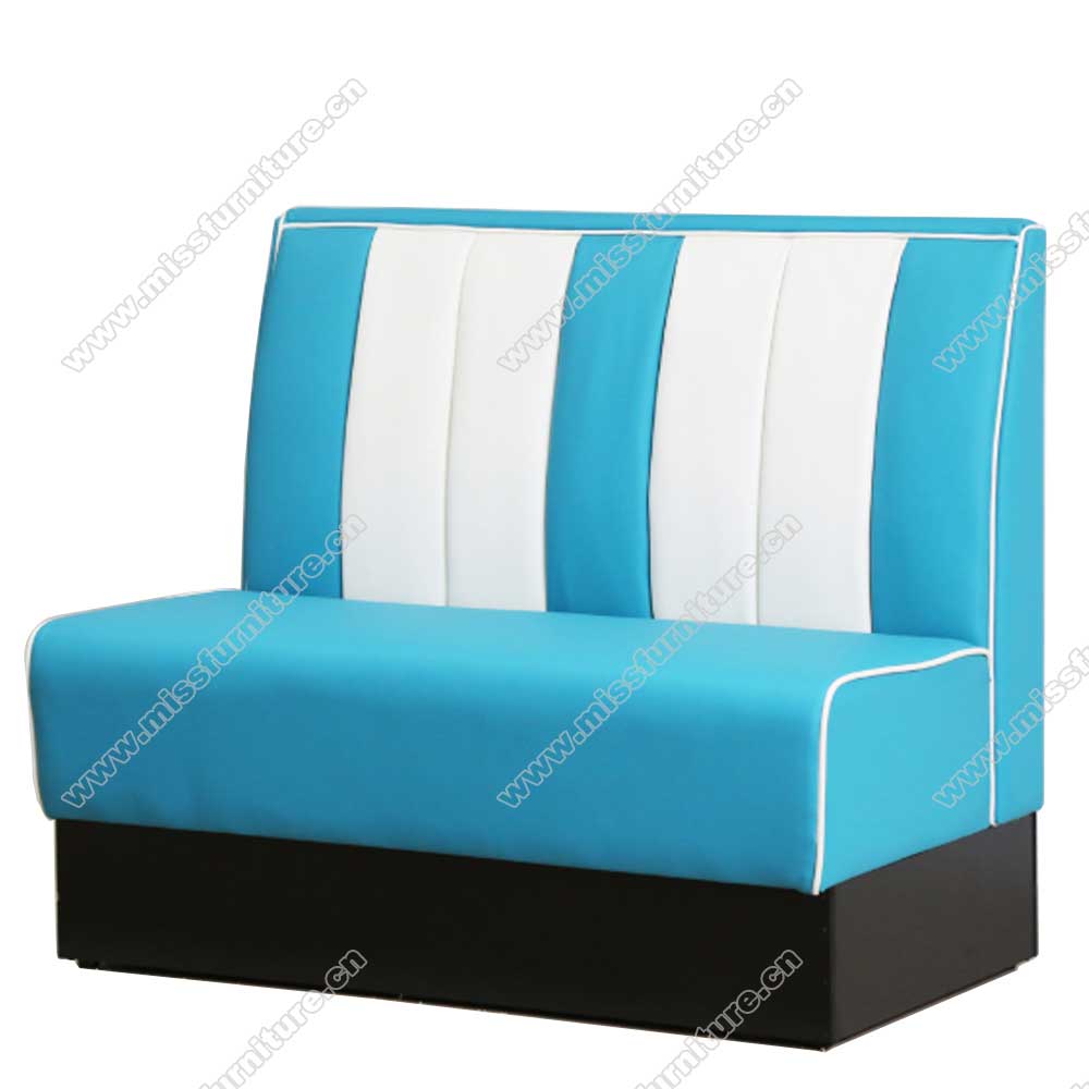 High quality blue leather stripe back 50's retro restaurant booth sofas, long seater blue/black PU leather 50's american restaurant booth sofas,American 1950s style retro diner booth seating furniture M-8507