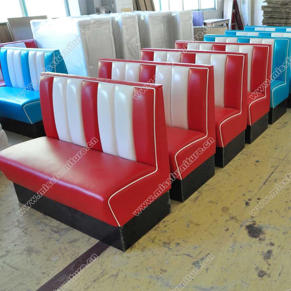 Customize colorful red/blue/yellow PU leather with stripe back 1950s retro american diner booth sofas gallery