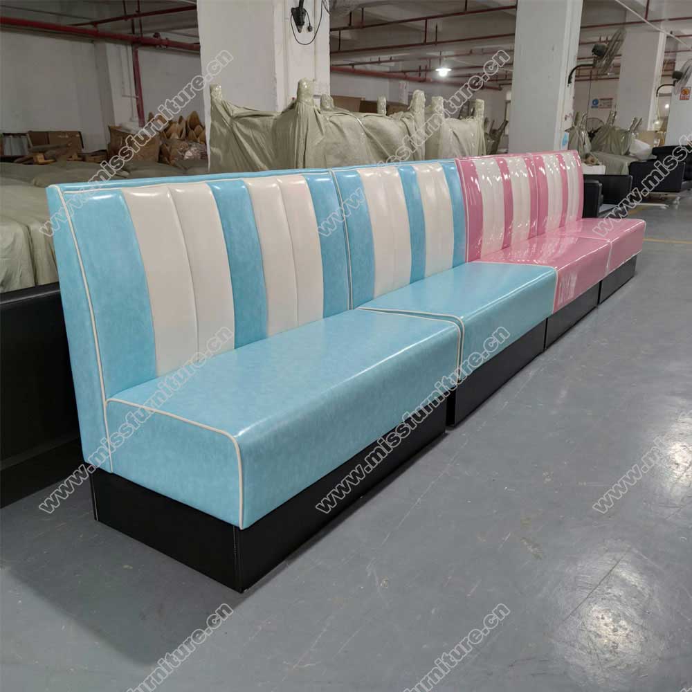 High quality turquoise color thick seating restaurant retro diner booth sofas, stripe back midcentury american restaurant retro booth sofas,American 1950s style retro diner booth seating furniture M-8502