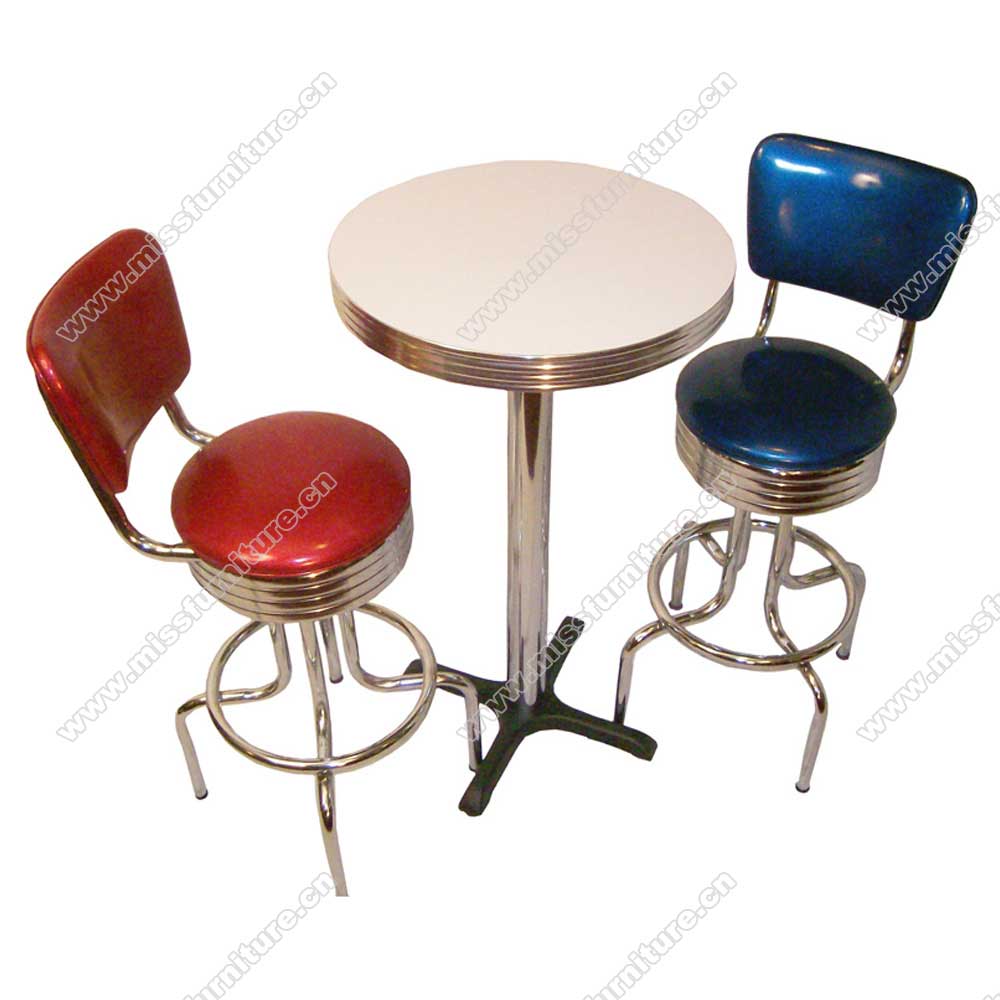 Customize fixed to floor stainless steel table legs with round formica retro diner bar table, fixed to floor steel round 50s retro restaurant bar table,American 1950s style retro diner bar table furniture M-8703