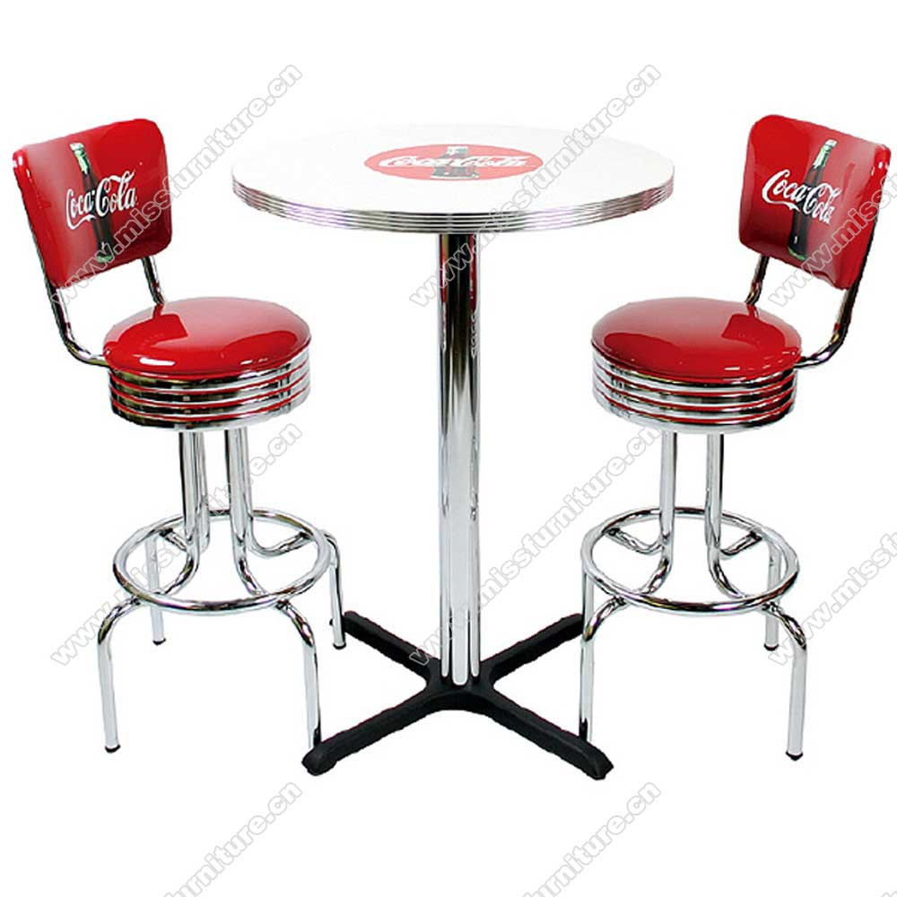 Hotsale red color with cola pattern 1950s american dining room retro bar stools and bar table set, american high bar table and bar stools set, American 1950s style retro diner bar chairs and table set furniture M-8604