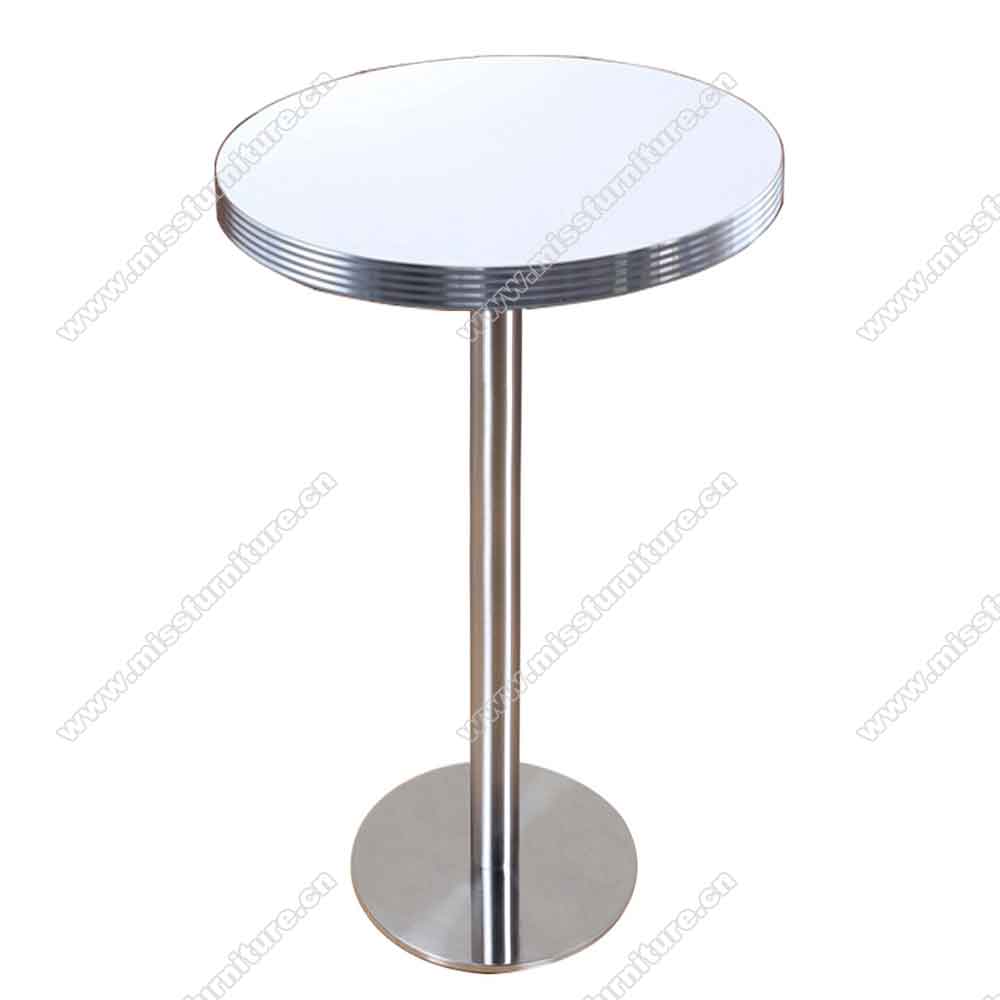 High quality white color Formica laminate and aluminium edge round american bar table,stainless steel table legs 50s american diner bar table,American 1950s style retro diner bar table furniture M-8701