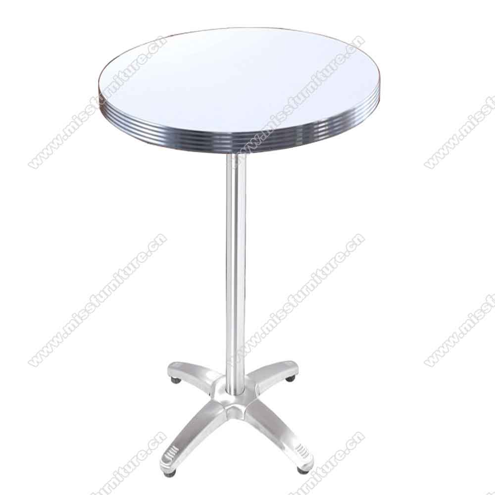 Hotsale ice white Formican laminate with aluminium table edge retro bar table, glossy cross steel table legs high american 50s diner bar table,American 1950s style retro diner bar table furniture M-8702