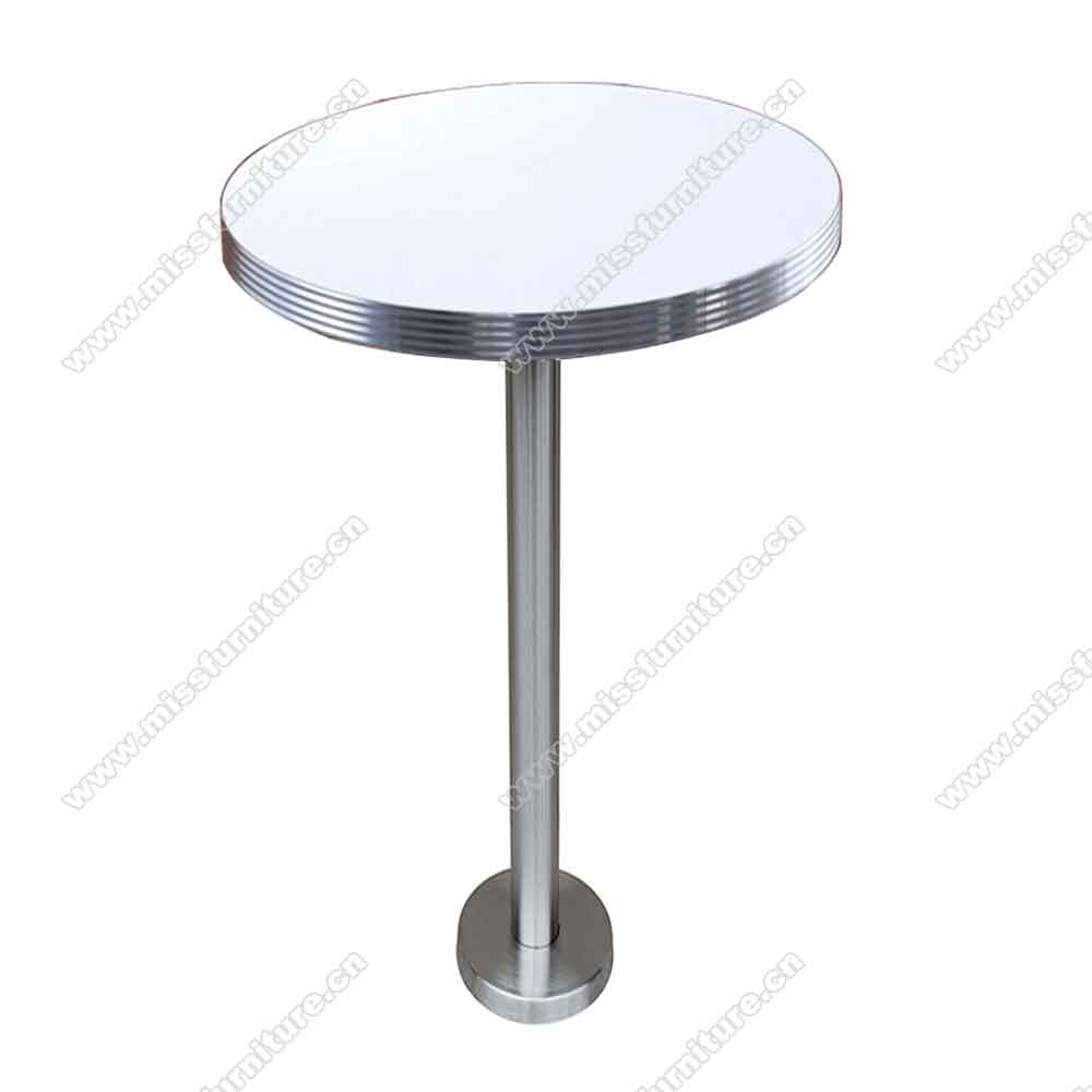 Customize fixed to floor stainless steel table legs with round formica retro diner bar table, fixed to floor steel round 50s retro restaurant bar table,American 1950s style retro diner bar table furniture M-8703