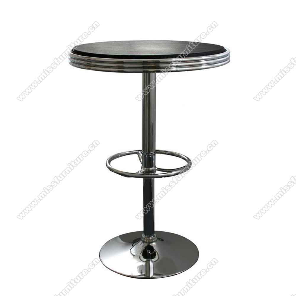 Wholesale round chrome table base with footer black color fireproof retro dining room bar table, commercial black american retro bar table,American 1950s style retro diner bar table furniture M-8707