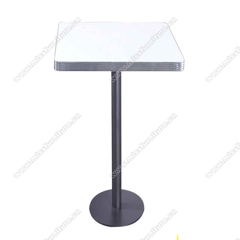 Popular round black iron table legs with aluminium edge white color square fireproof veneer table top dining room 1950's retro diner bar table, American 1950s style retro diner bar table furniture M-8712