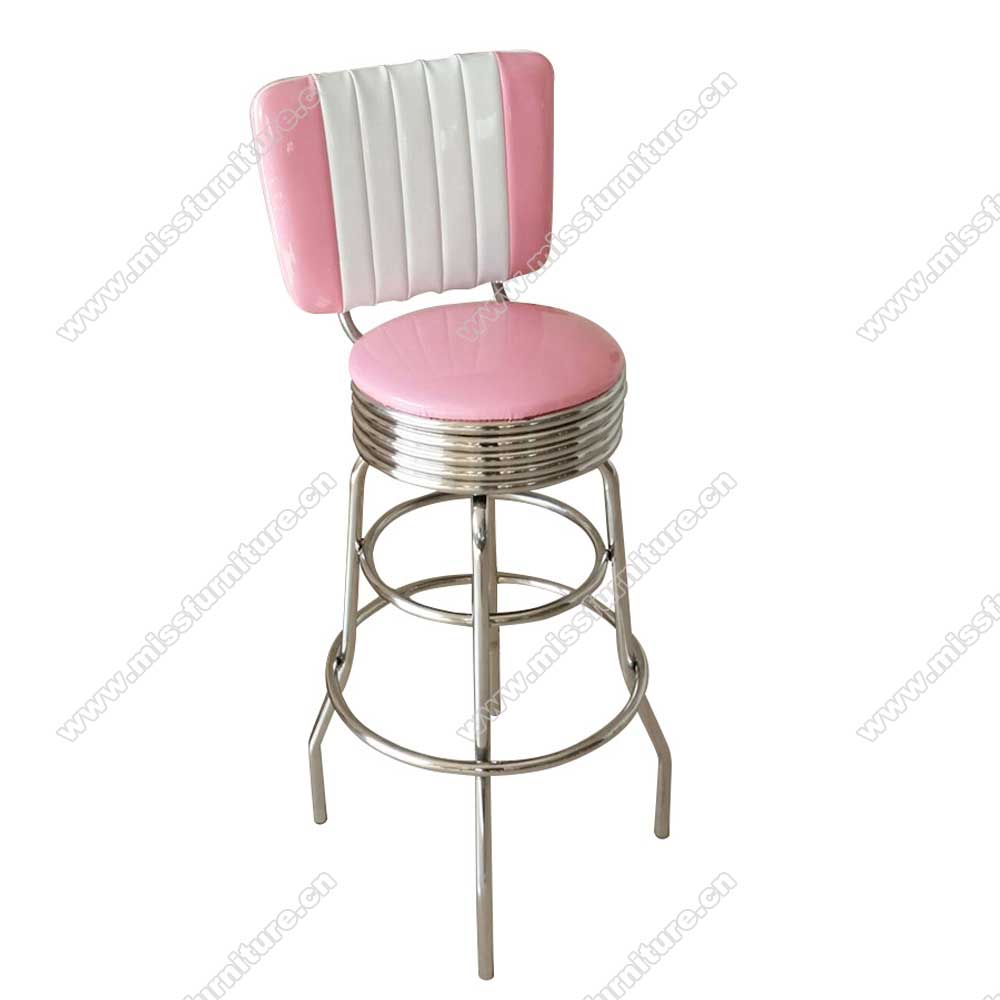 Customize pink color glossy vinyl leather #304 steel mid century retro diner bar chairs, with footer thin seater steel retro club bar stools furniture，American 1950s style retro diner bar chairs furniture M-8803