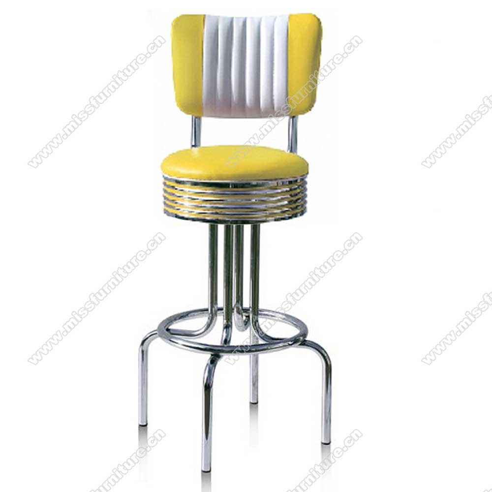 Wholesale yellow/turquoise leather color chrome 1960's american diner bar stools, stripe back high seater 1960s retro diner chrome bar stools,American 1950s style retro diner bar chairs furniture M-8804