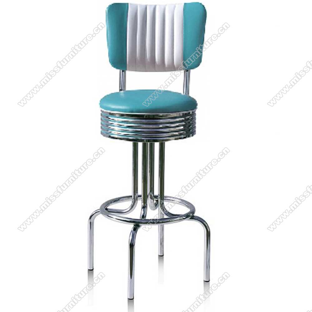 Wholesale yellow/turquoise leather color chrome 1960's american diner bar stools, stripe back high seater 1960s retro diner chrome bar stools,American 1950s style retro diner bar chairs furniture M-8804