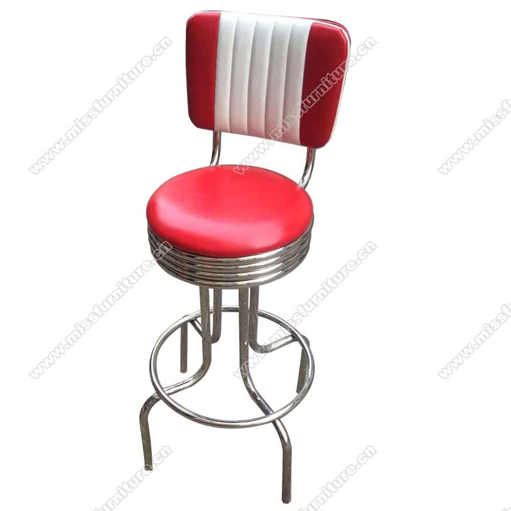 Hotsale 75cm height seater 5 channels round red and white club american diner bar stools,stainless steel frame 50s american club bar chairs,American 1950s style retro diner bar chairs furniture M-8805